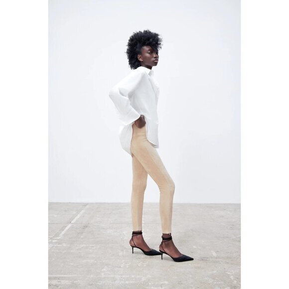 NWT Zara camel light brown faux suede high rise leggings w/ zipper accents, XS - Picture 2 of 12